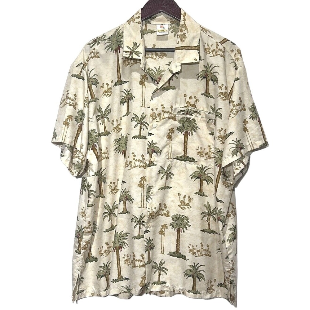 Vintage‎ Hawaiian Shirt Mens XL Tan Palm Tree Tropical Camp Beach Dad Shirt